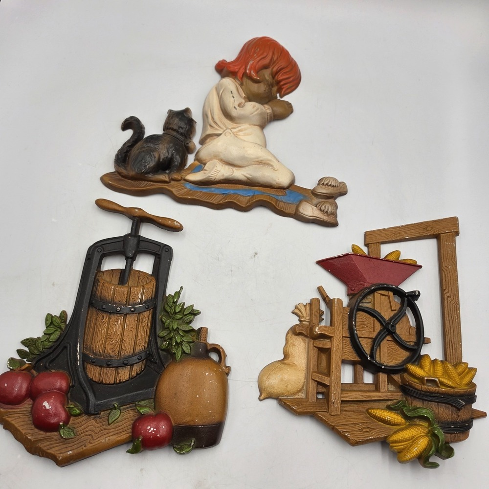 Vtg 70s Sexton Homeco Cast Metal Wall Hanging Set Of 3 Country Farm Praying Girl